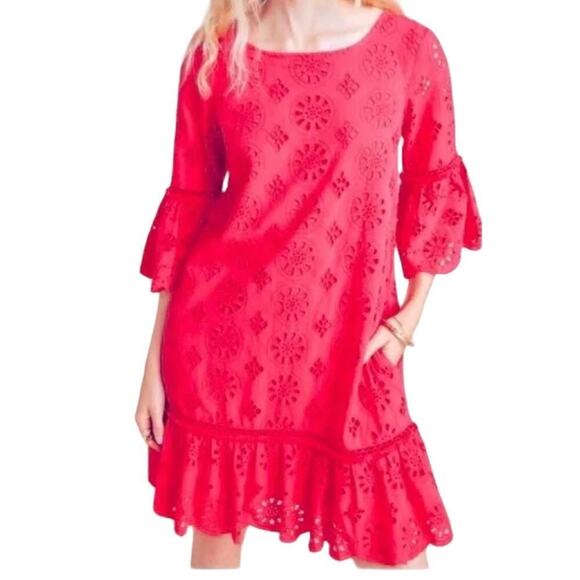 BY ANTHROPOLOGIE DANI LACE EYELET PINK DROP WAIST DRESS SIZE 12 - Picture 1 of 16